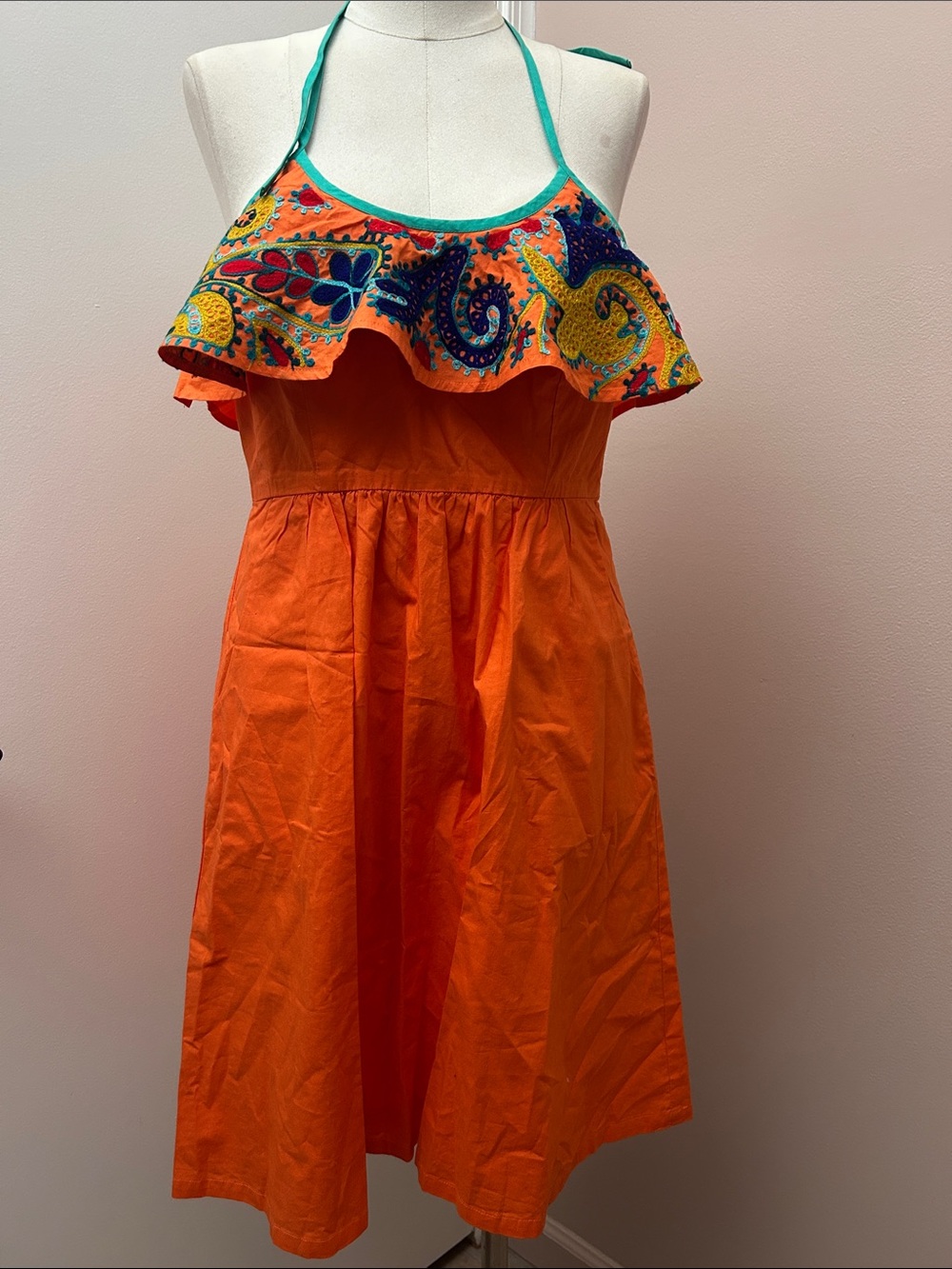 Karma highway Cotton Orange Halter Mini Dress with Embroidered Ruffle chest S